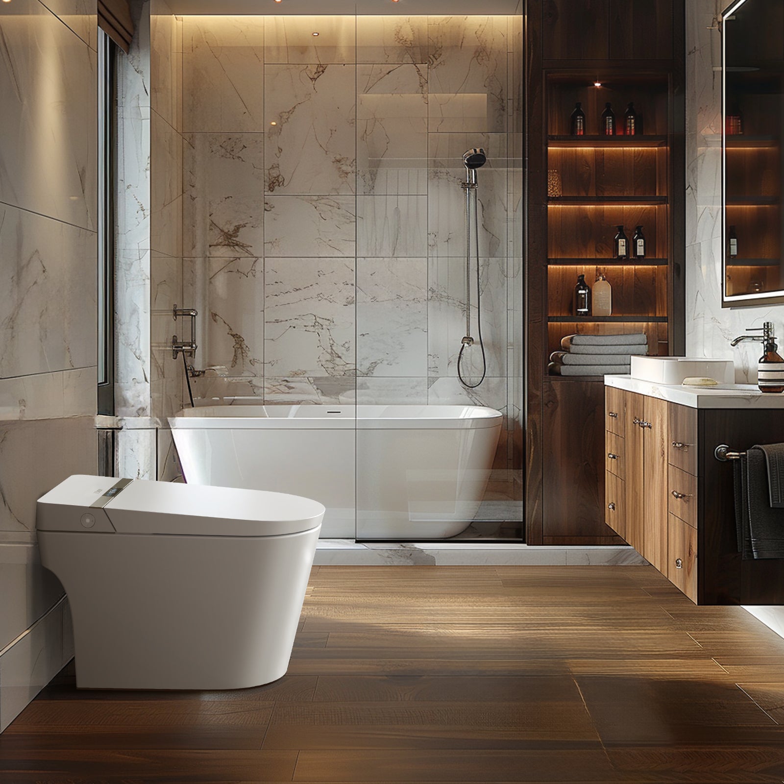 Smart Bidet Toilet, One Piece Tankless Bidet Toilet for Bathroom with Elongated Heated Seat, Instant Warm Water, Dual Auto Flush, Foot Sensor, Auto Lid Open/Close, Night Light, Dryer, LED Display